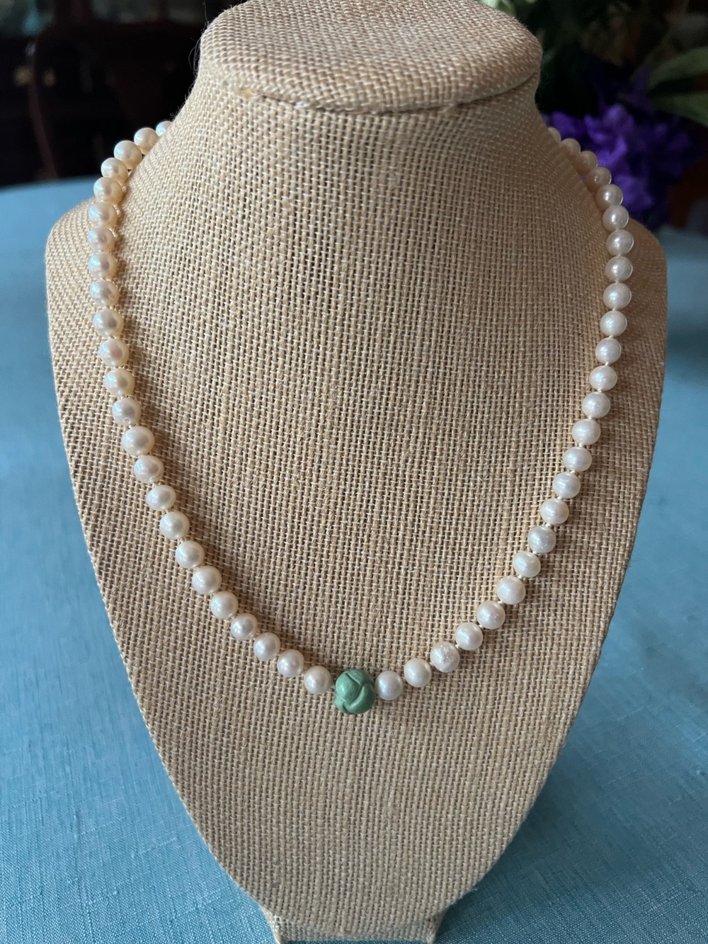New hand knotted genuine pearl 18” necklace with focal howlite bead and 925 clas